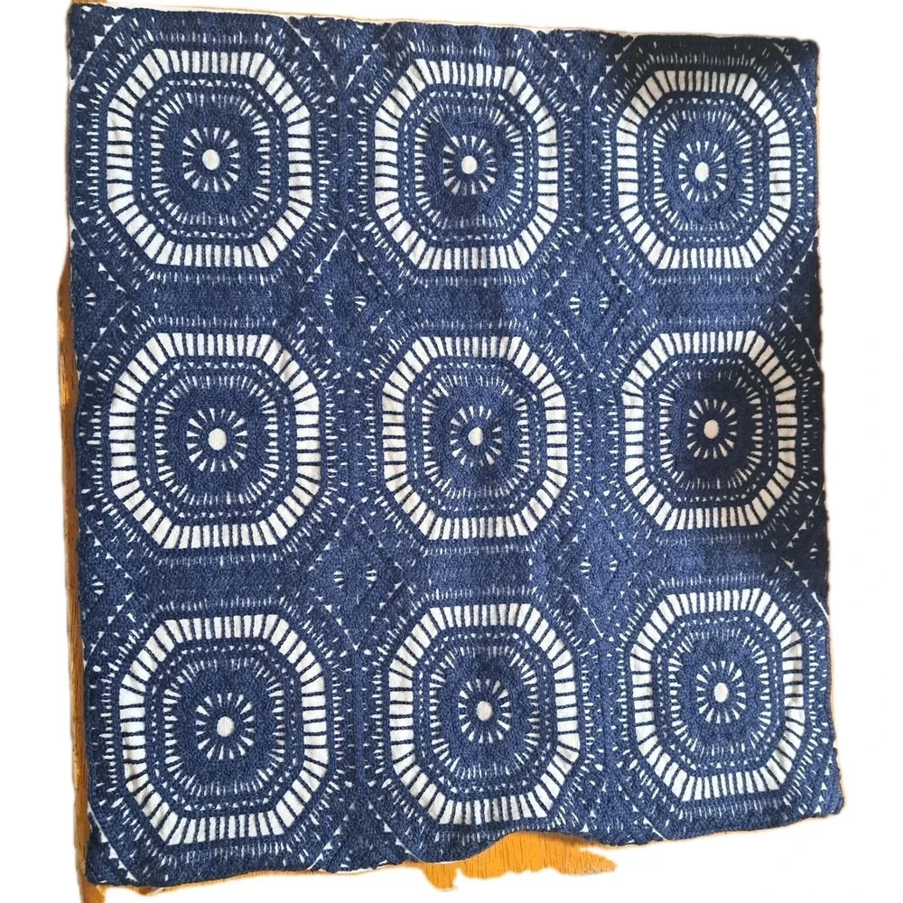 Embrodiery Pillow Cover Navy‎ Blue Cream Square 16